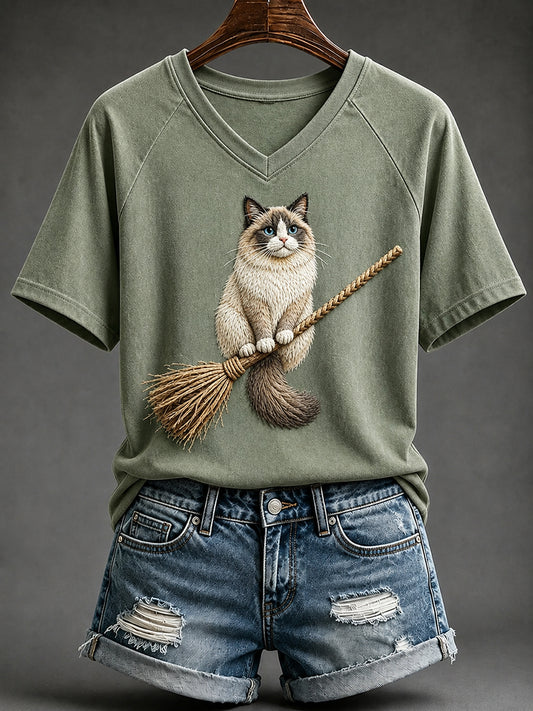 Women's Vintage Halloween Witch Cat Print V-neck Short-sleeved T-shirt