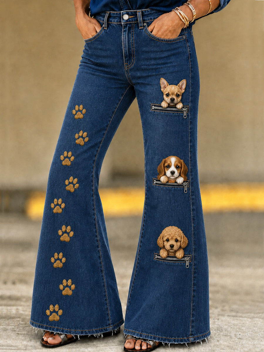 Women's Animal Dog Art Print Flared Trousers