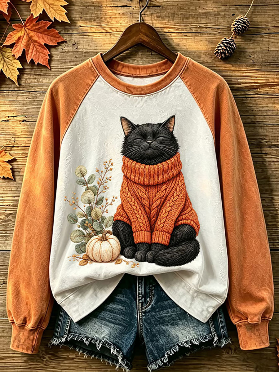 Women's Autumn Cat Printed Sweatshirt