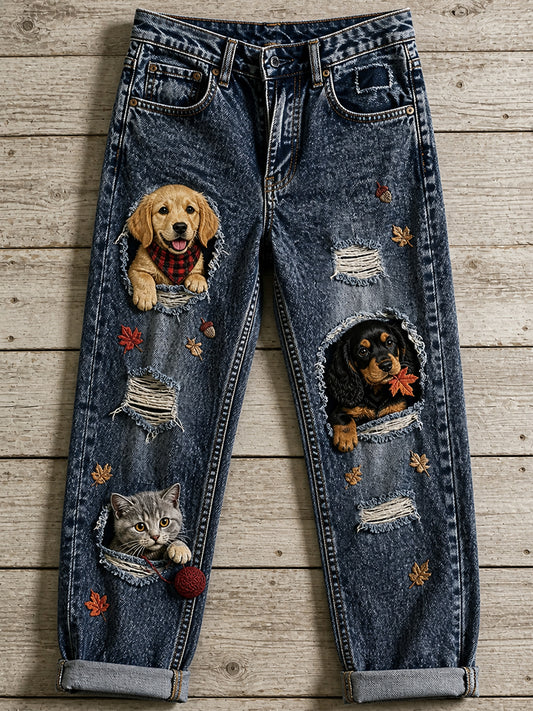 Women's Casual Jeans with Vintage Animal Art Print
