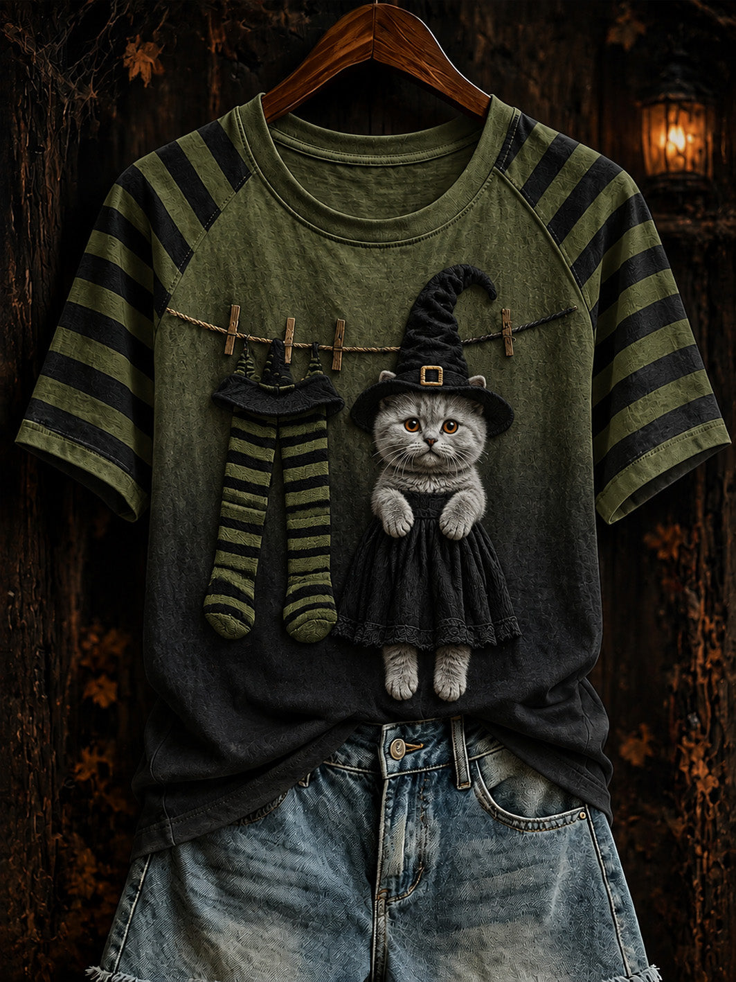 Women's Halloween theme witch cat pattern clash color design casual short-sleeve T-shirt