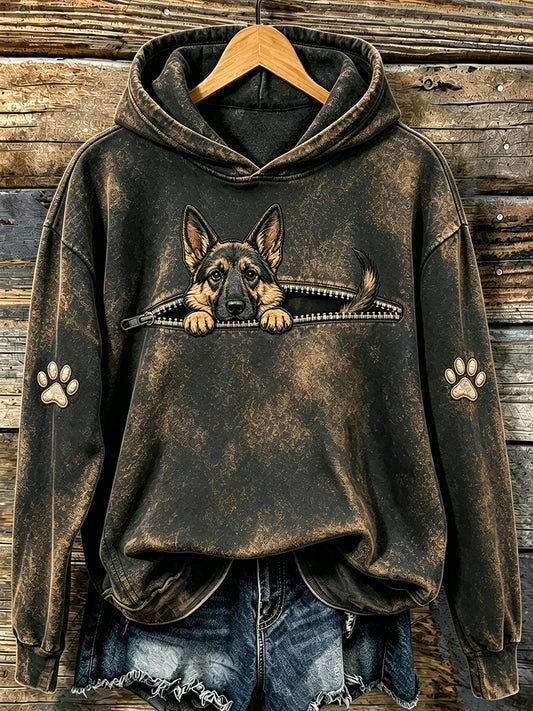 Women's Cute Peeking German Shepherd & Paws Print Hooded Sweatshirt