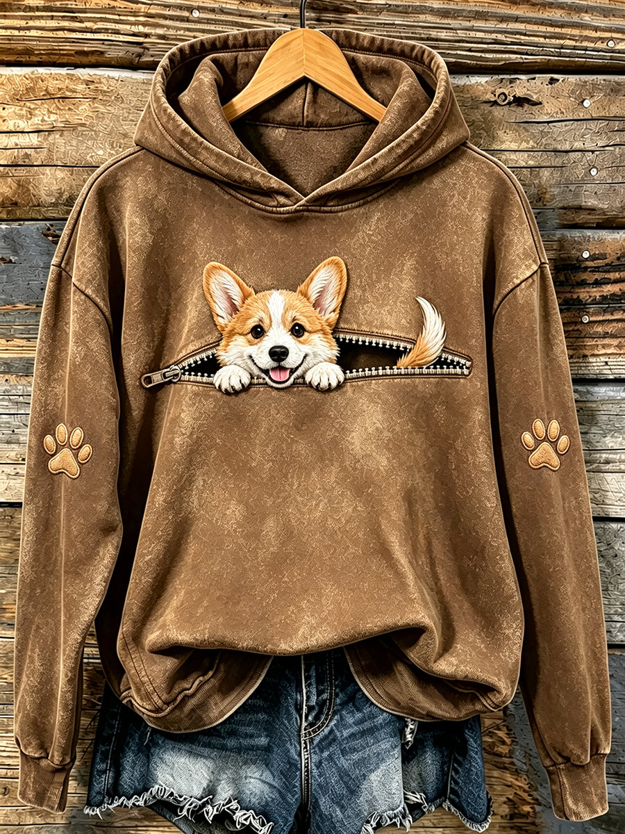 Women's Cute Peeking Corgi & Paws Print Hooded Sweatshirt