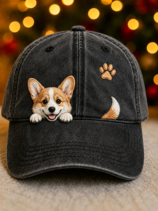 Cute Peeking Corgi Dog & Paw Print Vintage Washed Hat