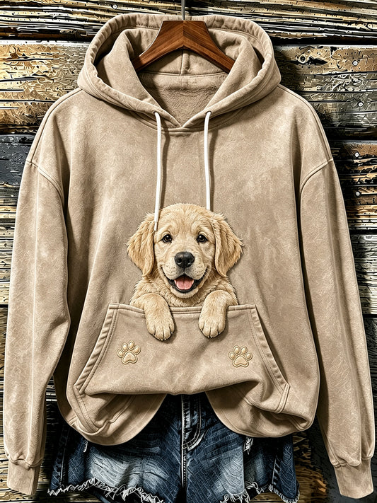 Women's Lovely Peeking Golden Retriever & Paws Print Hooded Sweatshirt