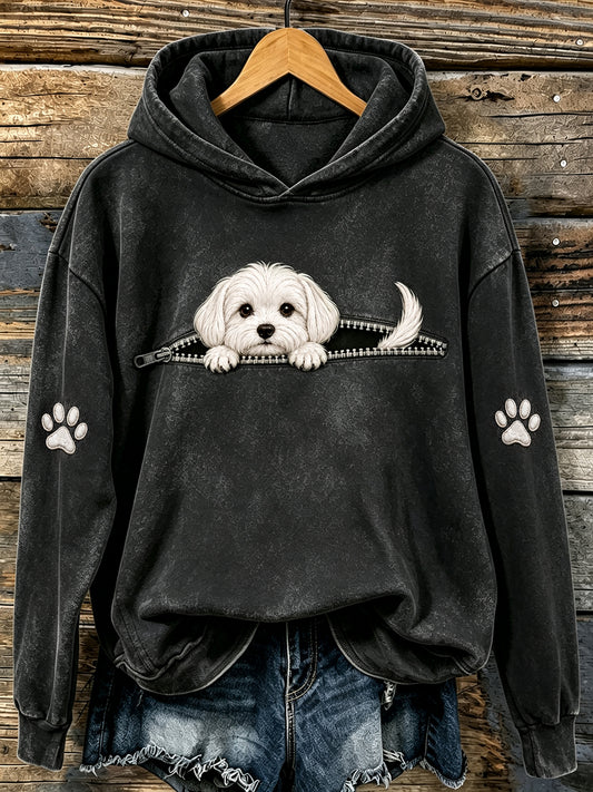 Women's Cute Peeking Maltese & Paws Print Hooded Sweatshirt