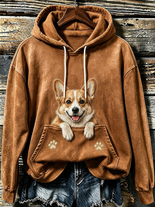 Women's Lovely Peeking Corgi & Paws Print Hooded Sweatshirt
