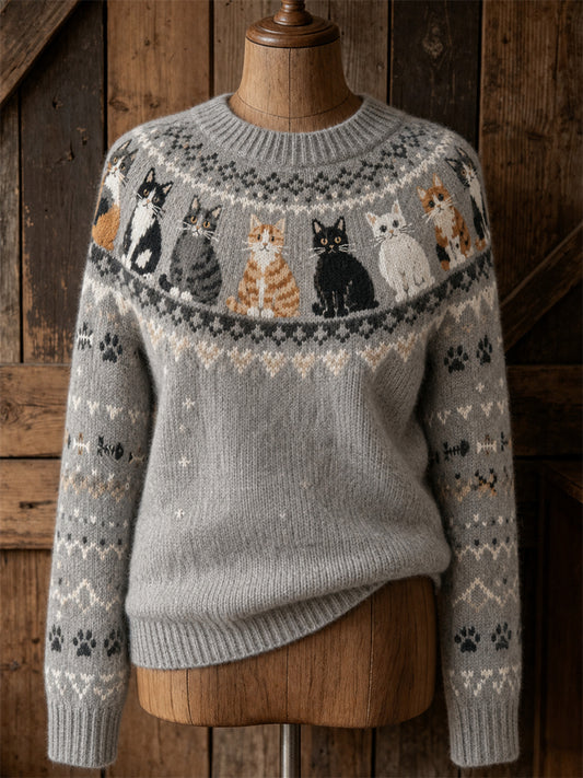 Women's Vintage Cats Yoke Isle Pattern Print Cozy crew neck sweater