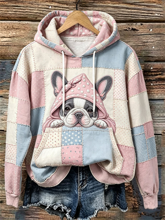 Women's Lovely Sleepy French Bulldog Patchwork Art Print hoodie