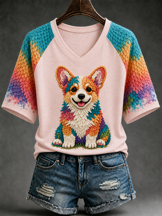Women's Colorful Puppy Art V-neck Short Sleeve T-shirt