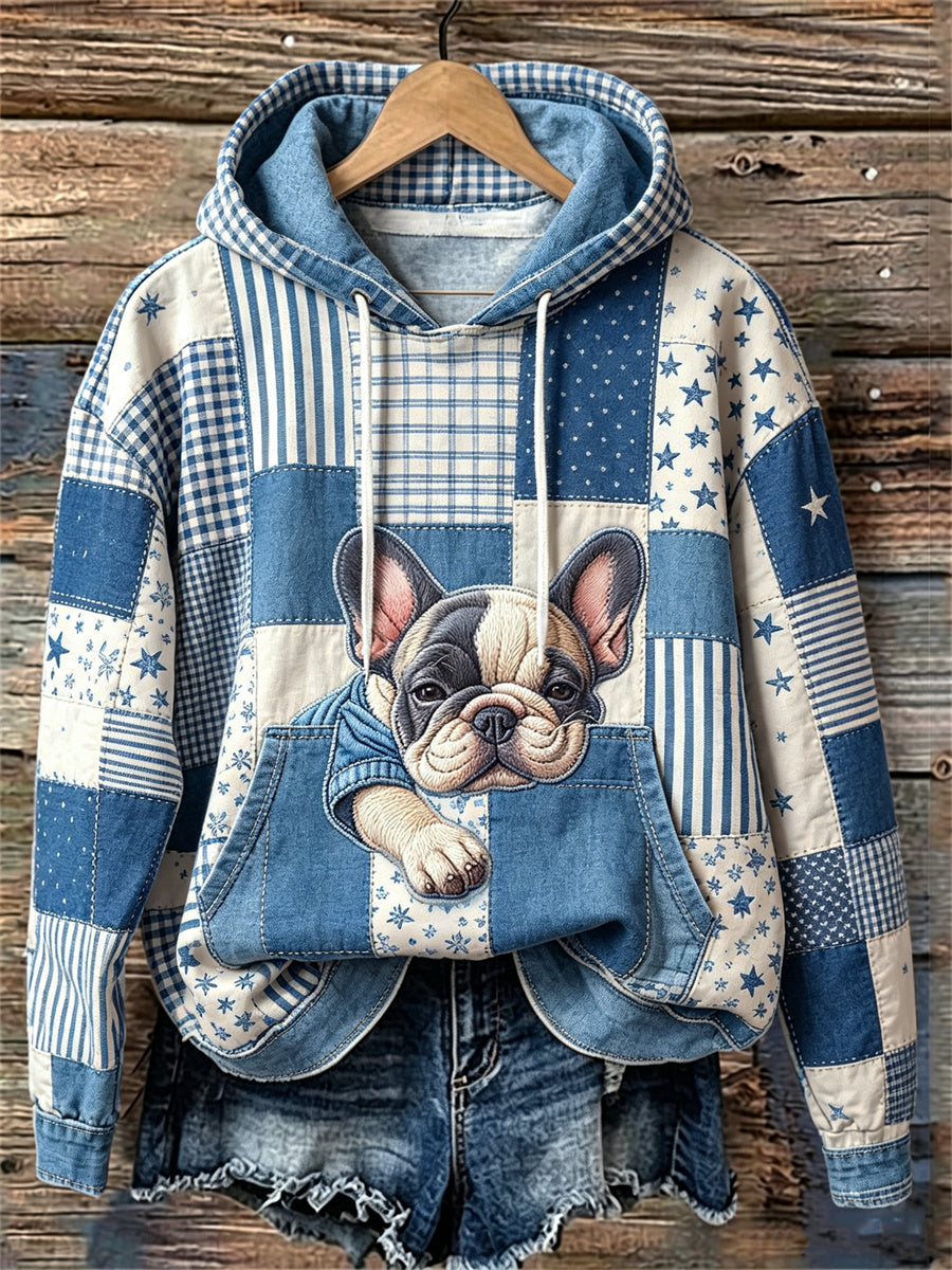 Women's Lovely Sleepy French Bulldog Patchwork Art Print hoodie