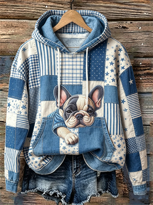 Women's Lovely Sleepy French Bulldog Patchwork Art Print hoodie