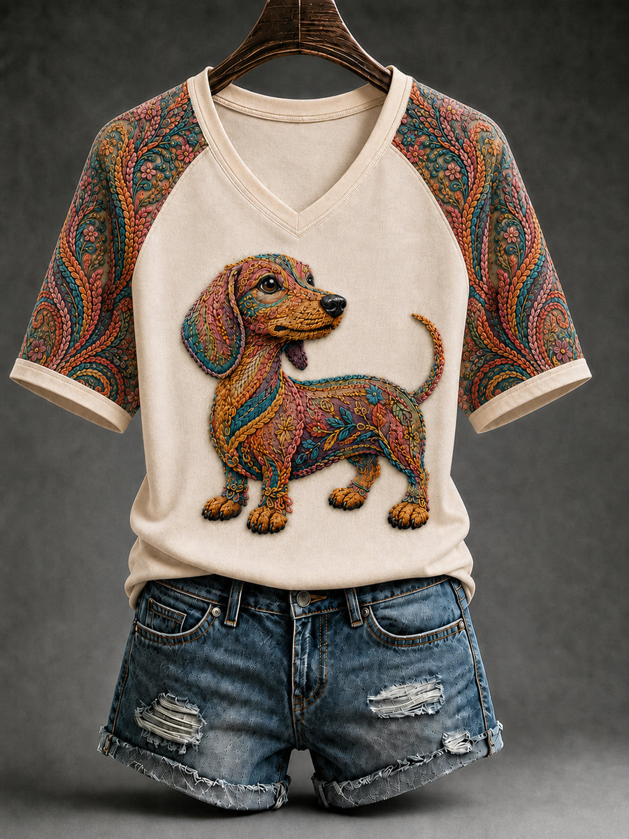 Women's Colorful Puppy Art V-neck Short Sleeve T-shirt