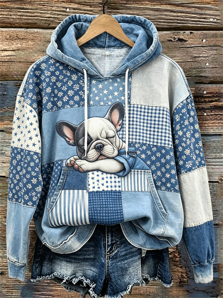 Women's Lovely Sleepy French Bulldog Patchwork Art Print hoodie
