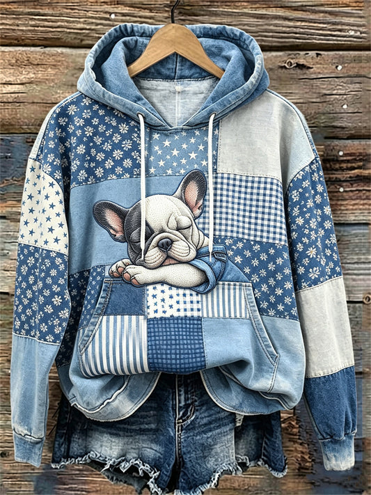 Women's Lovely Sleepy French Bulldog Patchwork Art Print hoodie