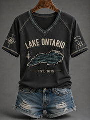 Women's Always Lake Ontario Print V-neck Short-sleeved T-shirt