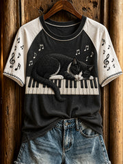 Women's cute cat and piano design casual short-sleeve T-shirt
