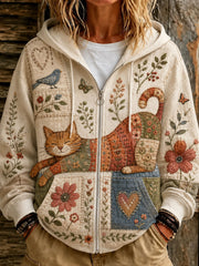 Women's Cute Patchwork Cat Print Casual Hooded Sweatshirt