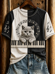 Women's cute cat and piano design casual short-sleeve T-shirt