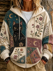 Women's Cute Patchwork Cat Print Casual Hooded Sweatshirt