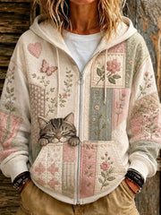 Women's Cute Patchwork Cat Print Casual Hooded Sweatshirt