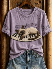 Women's cute cat and piano design casual short-sleeve T-shirt