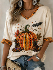 Women's Polka Dot Fall Pumpkin Print Mid-length Sleeves V-Neck T-Shirt