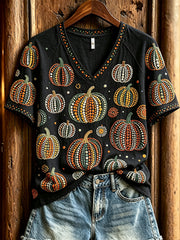 Women's Polka Dot Pumpkin Pattern Casual  Short-sleeved T-shirt