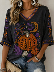 Women's Polka Dot Fall Pumpkin Print Mid-length Sleeves V-Neck T-Shirt