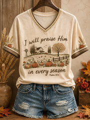 Women's Autumn Fall Lover I Will Praise Him Every Season Faith Printed T-shirt