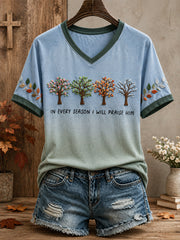 Women's Autumn Fall Lover I Will Praise Him Every Season Faith Printed T-shirt