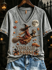 Women's Halloween Fall Yorkie Mom Witch & Dog Print short-sleeved T-shirt