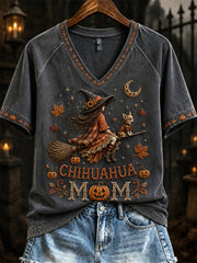 Women's Halloween Fall Chihuahua Mom Witch & Dog Print short-sleeved T-shirt