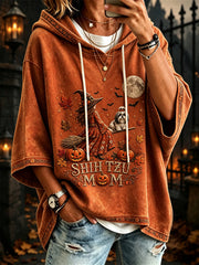 Women's Halloween Fall Shih Tzu Mom Witch & Dog Print Mid Sleeve Hoodie