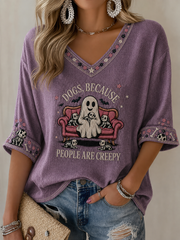 Women's Halloween dog print Mid-length Sleeves V-Neck T-Shirt