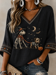 Women's Halloween dog print Mid-length Sleeves V-Neck T-Shirt