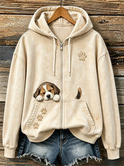 Women's Lovely Sleeping Beagle & Paws Print Zip-Up Hoodie