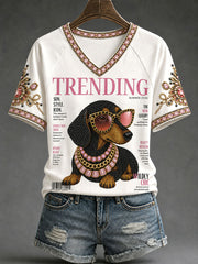 Women's Fashion Magazine Dachshund Print V-Neck T-Shirts