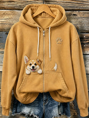 Women's Lovely Peeking Corgi & Paws Print Zip-Up Hoodie