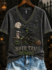 Women's Halloween Bad Witch Shih Tzu Mom Print short-sleeved T-shirt