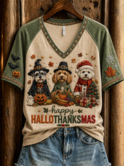 Women's Happy Hallothanksmas Holiday Season Dogs Print Sweatshirt
