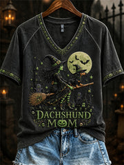Women's Halloween Bad Witch Dachshund Mom Print short-sleeved T-shirt