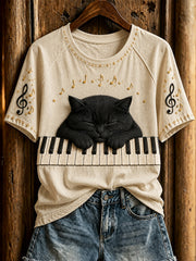 Women's cute cat and piano design casual short-sleeve T-shirt