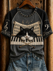 Women's cute cat and piano design casual short-sleeve T-shirt