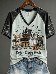 Women's Halloween Cute Dog Pattern Print Casual Short Sleeve T-shirt