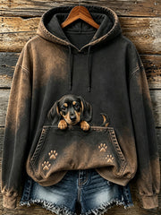 Women's Vintage Peeking Dachshund & Paws Print Cozy Hoodie