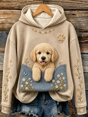 Women's Cute Baby Golden Retriever Floral Print Comfy Sweatshirt