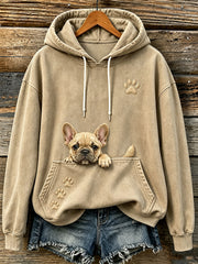Women's Vintage Peeking French Bulldog & Paws Print Cozy Hoodie