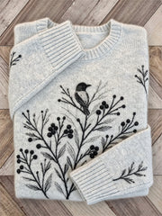 Women's Forest Birds & Berries Plants Print Cozy crew neck sweater