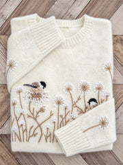 Women's Forest Birds & Dandelion Print Cozy crew neck sweater